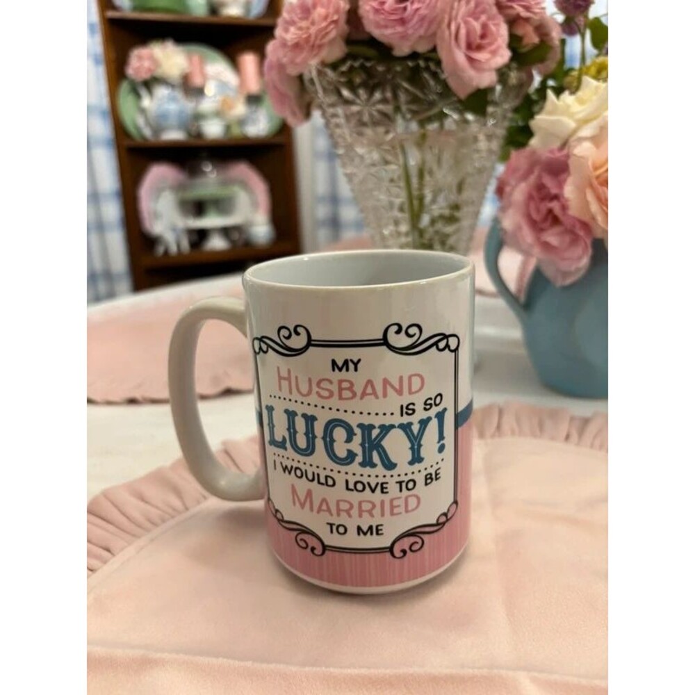 Large Pink Blue Lucky Husband Wife Funny Coffee Mug